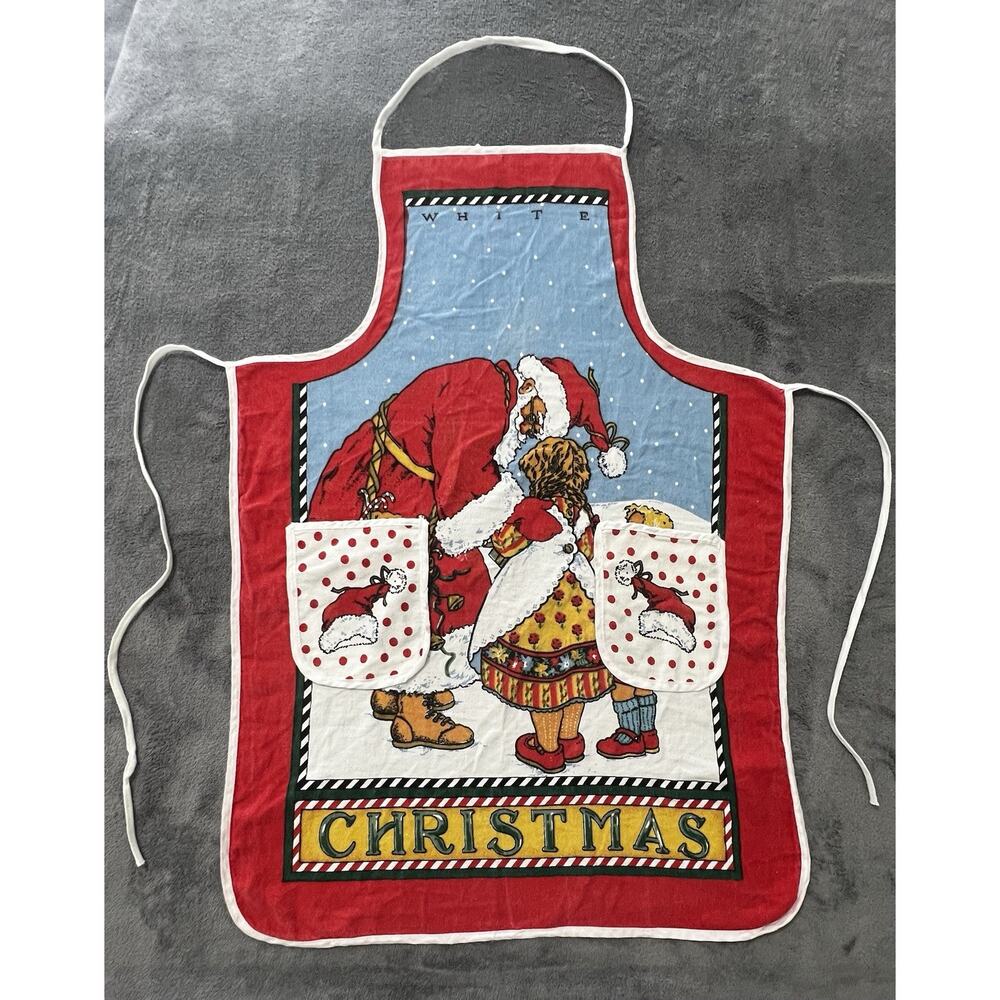 90s Vintage Apron White Christmas Holiday Santa Kitchen Unitex International Inc